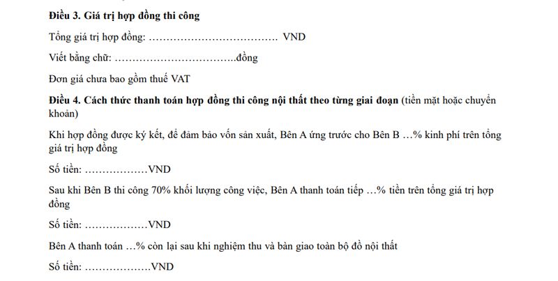 Điều khoản về giá và phương phức thành toán là cần thiết 