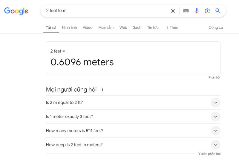 Sử dụng Google để chuyển đổi Feet sáng mét 